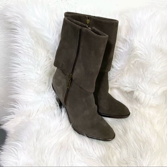 Michael Kors taupe suede leather fold over zip up heels mid calf boots 11M - Picture 1 of 9